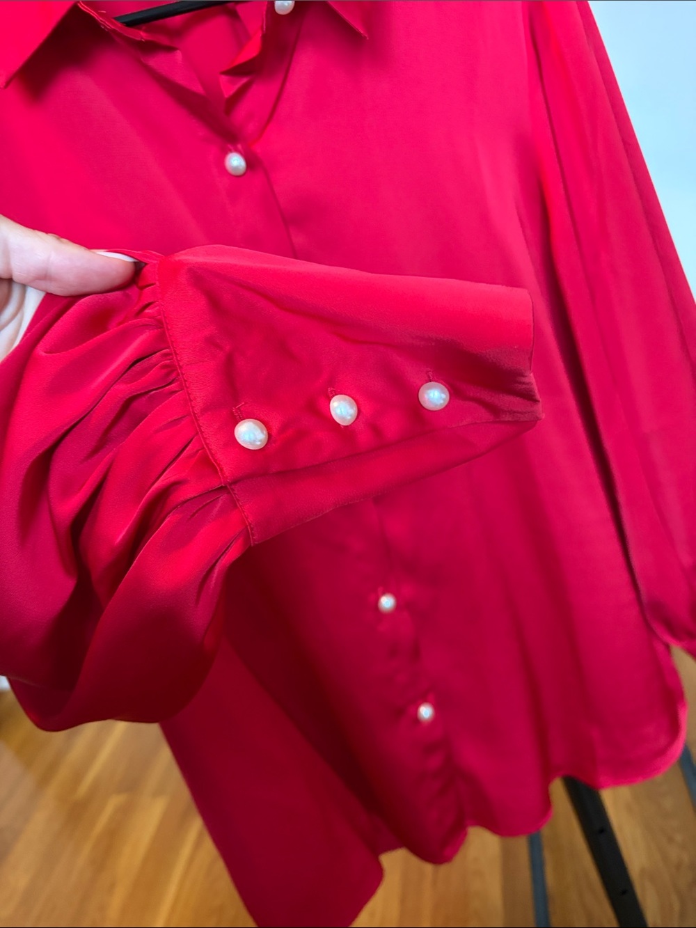 CeCe Hot Pink Satin Button-Down Blouse with Pearl Buttons - Picture 3 of 3